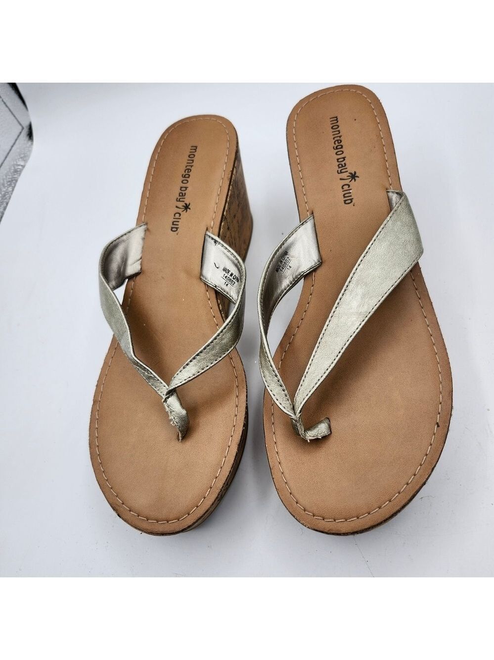 Montego Bay Club Metallic and Tan Cork Wedge Sandals Sz 9